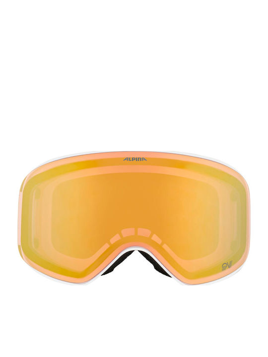 Alpina Μάσκα Σκι & Snowboard Ενηλίκων Λευκή με Φακό Φωτοχρωμικό / Polarized / Καθρέπτη σε Χρυσό Χρώμα