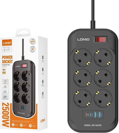 Удължител 6 Гнезда с 2 USB-A, 2 USB-C, Превключвател и Кабел 2m
