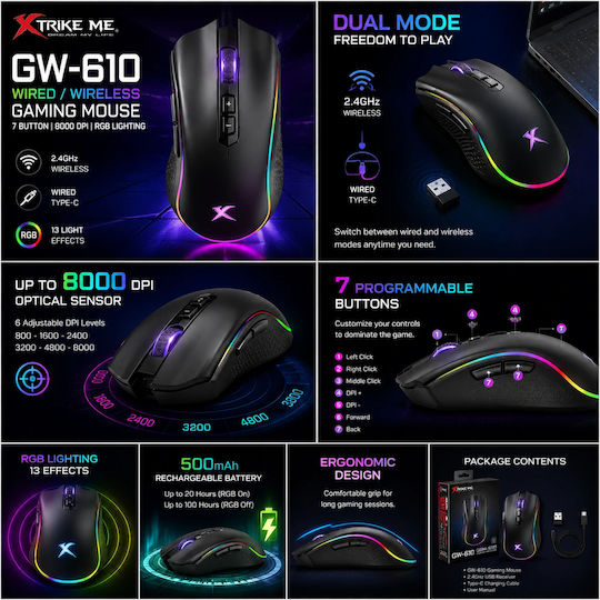 Xtrike Me GW-610 Безжична RGB Геймърска Мишка 8000 DPI Черен