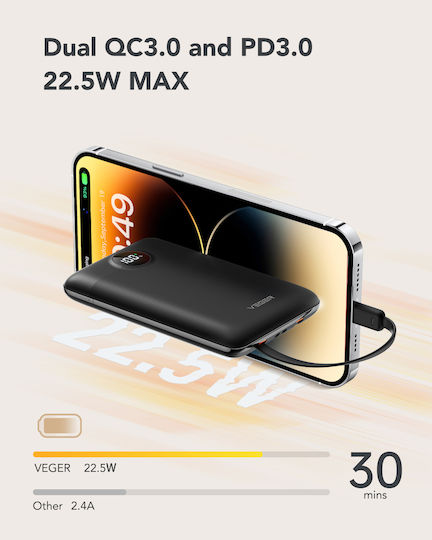 Veger W1170 Power Bank 10000mAh 22.5W με Θύρα USB-A και Θύρα USB-C Power Delivery / Quick Charge Λευκό