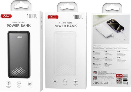 XO PB312 Power Bank 10000mAh с 2 USB-A порта и USB-C порт Черен