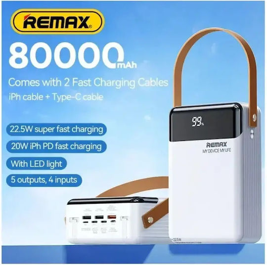Remax RPP-566 Baterie Externă 80000mAh 22.5W Cu 2 Porturi De Ieșire USB-A Și Port De Ieșire USB-C Încărcare Rapidă Albă