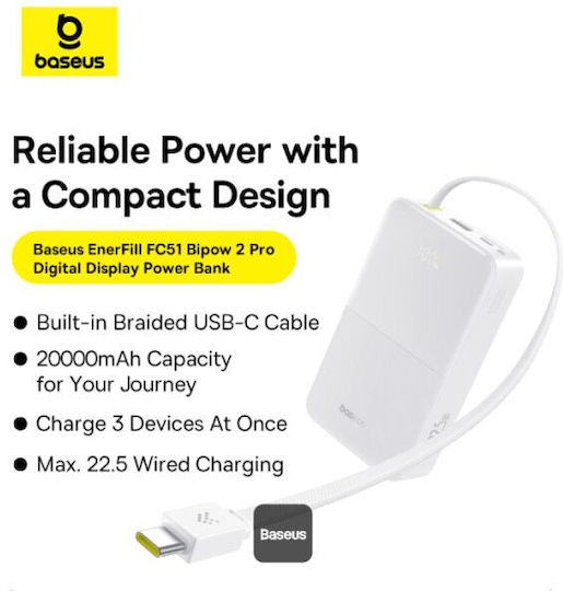Baseus EnerFill Bipow2 Pro Външна Батерия 20000mAh 22.5W с USB-A Изходен Порт и USB-C Изходен Порт Power Delivery / Бързо Зареждане Космическо Черно