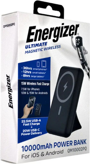 Energizer QM10002PQ MagSafe Външна Батерия 10000mAh 22.5W с USB-A Изходен Порт и USB-C Изходен Порт Power Delivery Черна