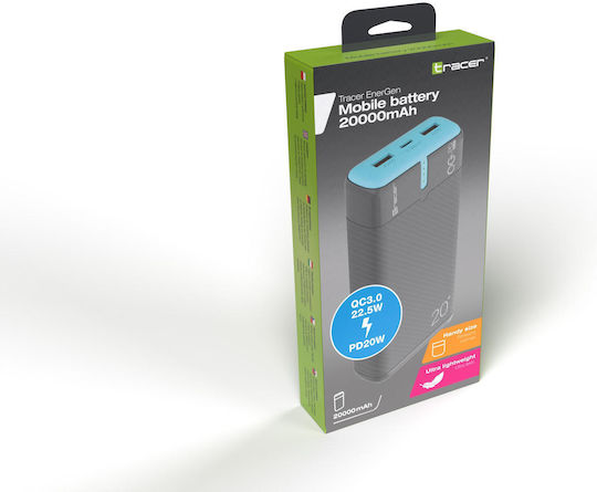 Tracer EnerGen MagSafe Power Bank 20000mAh 22.5W mit 2 USB-A Ausgangsanschlüsse und USB-C Ausgangsanschlüsse Power Delivery / Schnellladung Grau Blau
