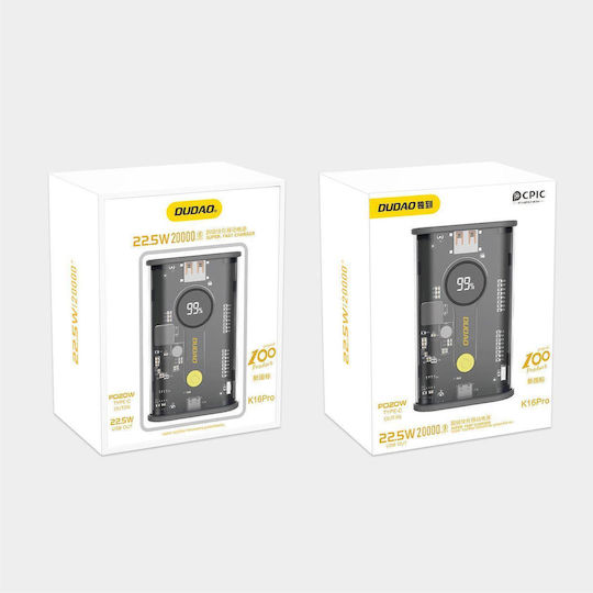 Dudao K16 Pro Power Bank 20000mAh 22.5W с USB-A порт и USB-C порт Power Delivery Черен