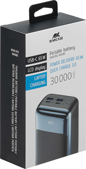 Rivacase VA1080 Външна Батерия 30000mAh 65W с USB-A Изходен Порт и USB-C Изходен Порт Power Delivery / Бързо Зареждане Черна
