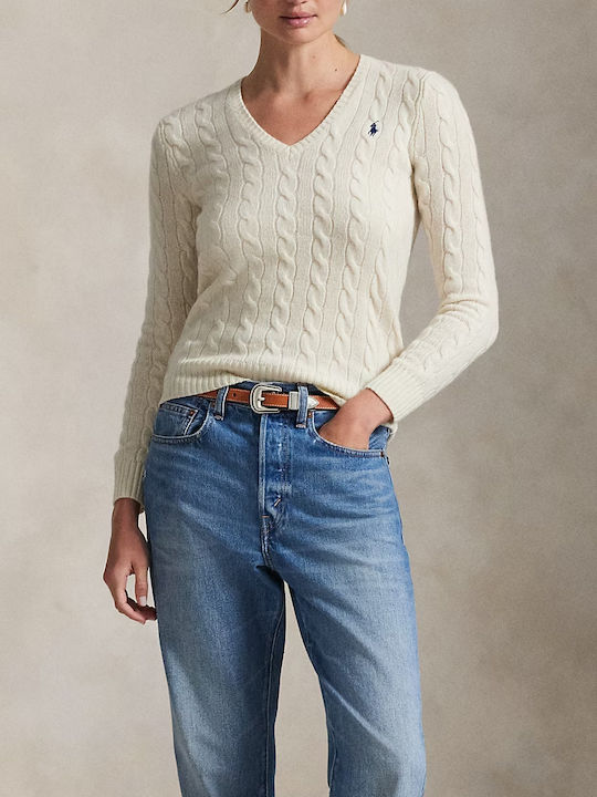 Cable-Knitted Damenpullover Aus Wolle Mit V-Ausschnitt Beige