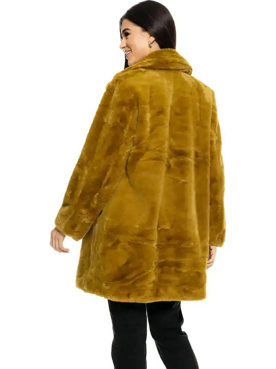 Дамско Палто Ginger Yellow с Пухени Детайли