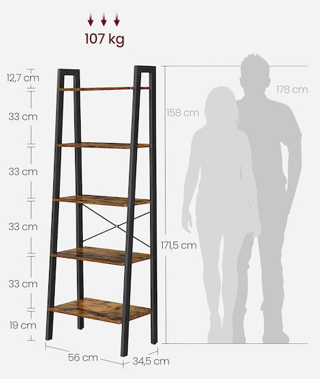 Vasagle Bibliothek Braun Rustikal/Schwarz 56x34.5x171.5cm