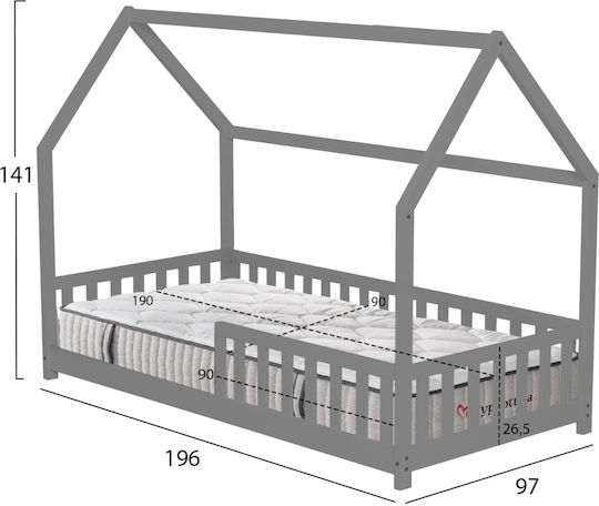 Kinderbett Einzel mit Matratze Grau 90x190cm