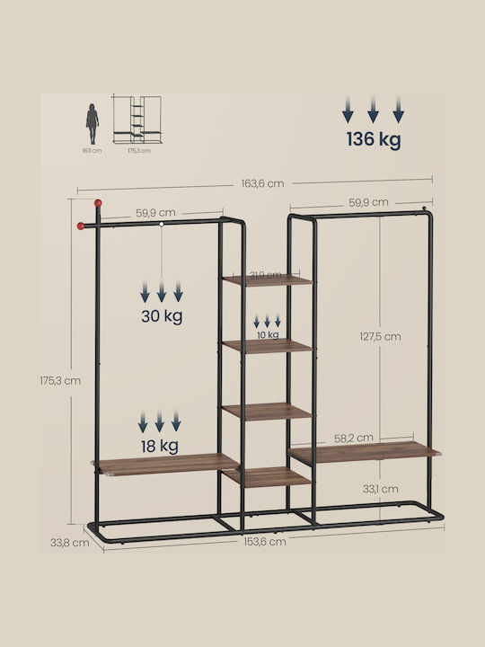 Songmics Κρεμάστρα Δαπέδου από Μέταλλο Μαύρη 163.6x33.8x175.3cm
