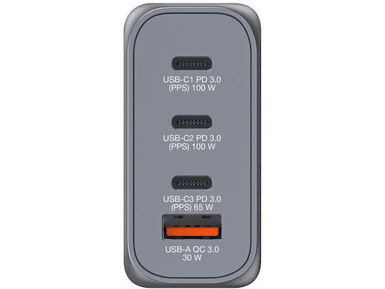 Verbatim Φορτιστής Χωρίς Καλώδιο GaN με Θύρα USB-A και 3 Θύρες USB-C 100W Γκρι (GNC-100)