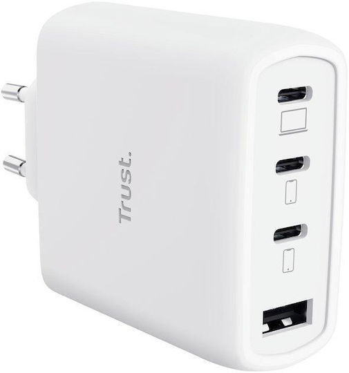 Trust Trust GaN Handyladegerät ohne Kabel mit USB-A Ausgangsanschluss und 3 USB-C Ausgangsanschlüsse 65W Weiß