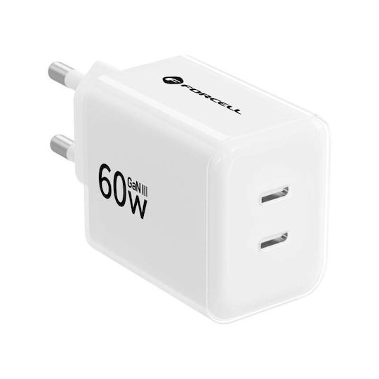 Forcell Φορτιστής GaN με 2 Θύρες USB-C και Καλώδιο USB-C - USB-C 60W Power Delivery / Quick Charge 4.0 Λευκός (F-Energy)