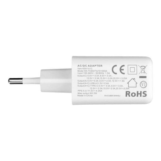 Veger Φορτιστής με Θύρα USB-A και Θύρα USB-C και Καλώδιο USB-C - USB-C 65W Power Delivery / Quick Charge 3.0 Λευκός (TR67)