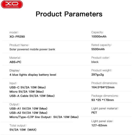 XO PR290 Solar Ηλιακό Power Bank 10000mAh