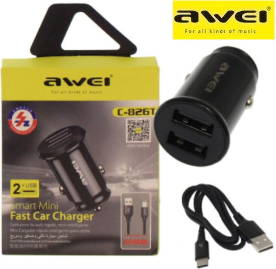 Awei Car Charger 12W 2.4A Fast Charging with Ports 2xUSB-A with Type-C Cable Black Colour