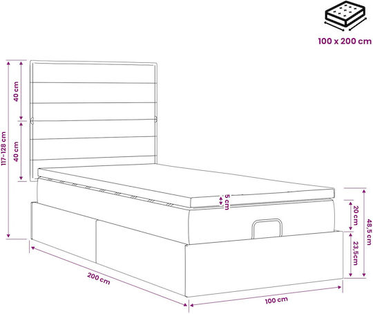 Ein Einzelbett Mit Stoff Dunkelgrau Mit Stauraum Mit Lattenrost & Matratze 100x200cm