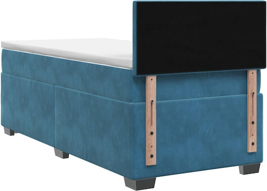 Single Bed Upholstered in Velvet Dark Blue with Slats and Mattress 90x200cm