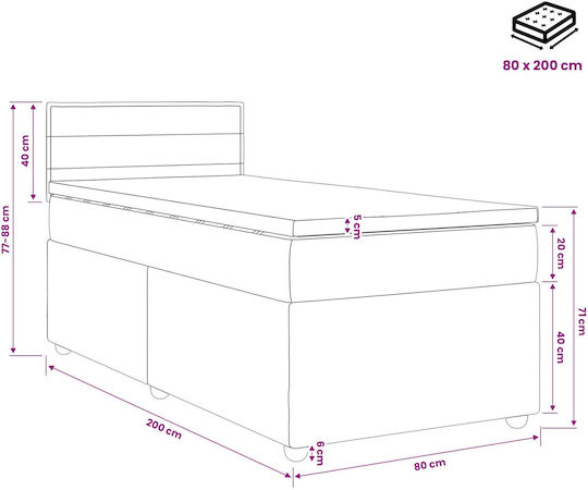 Pat Single Tapițat cu Material Gri Deschis cu Plăci și Saltea 80x200cm