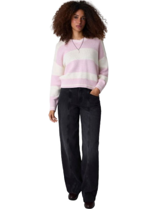 Damen Pullover Aus Baumwolle Mit V-Ausschnitt Gestreift Ecru/Rosa