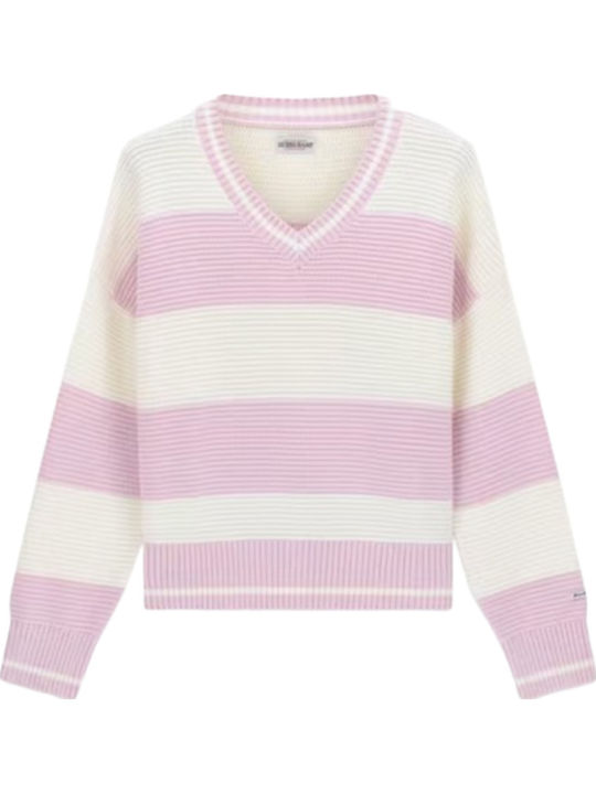 Damen Pullover Aus Baumwolle Mit V-Ausschnitt Gestreift Ecru/Rosa