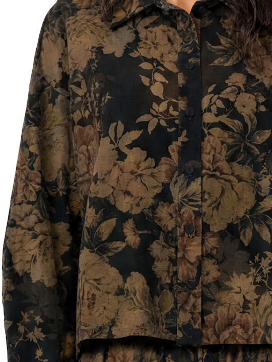 Long Sleeve Women's Shirt Brown Black Beige Floral