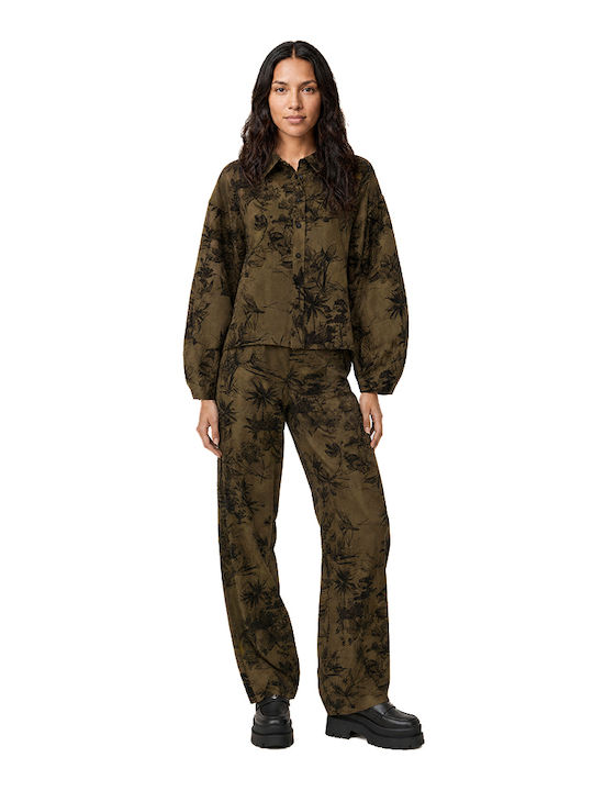 Long Sleeve Women's Shirt Black-Khaki Floral