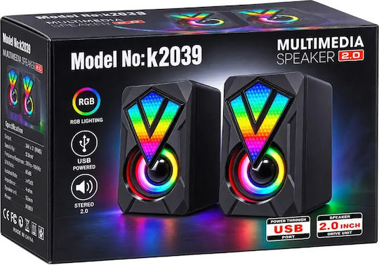 K2039 Компютърни говорители 2.0 с RGB осветление и мощност 6W Черни