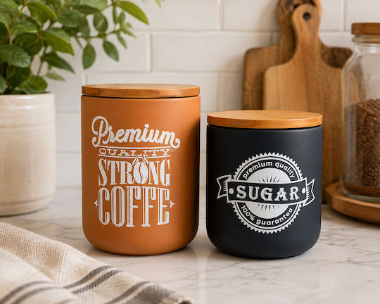 Set of 2 Coffee / Sugar Jars with Lid Made of Brown Porcelain 350ml 2pcs