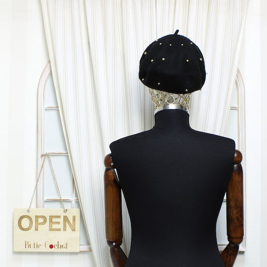 Beretă De Damă ButicCochet Lână O Mărime Design Împodobit Cu Perle Negru Bsc573