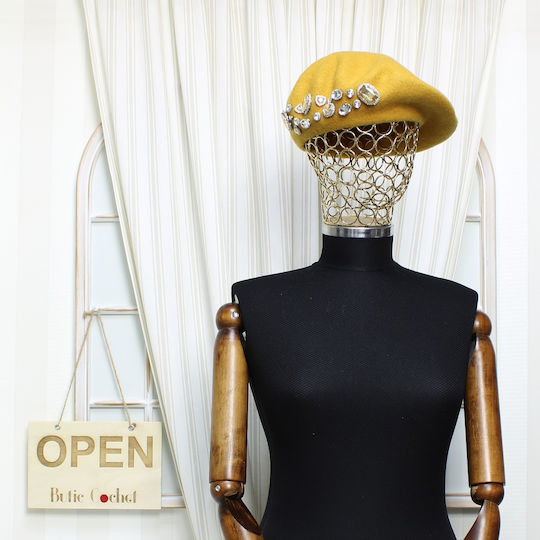 Beretă De Lână Pentru Femei ButicCochet O Singură Mărime Design Decorativ Cu Strasuri Galben Muștar Bsc563