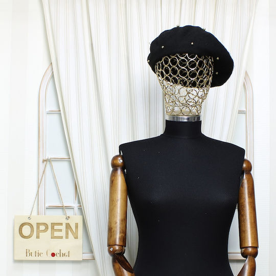 Beretă De Damă ButicCochet Lână O Mărime Design Împodobit Cu Perle Negru Bsc573