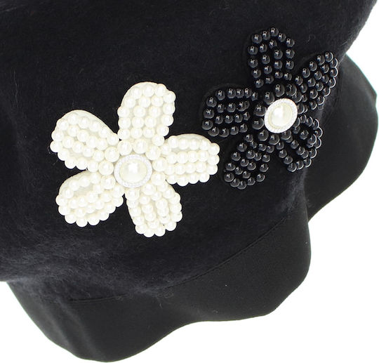 Beretă De Lână Pentru Femei ButicCochet O Singură Mărime Design Floare Cu Perle Negru Bsc551