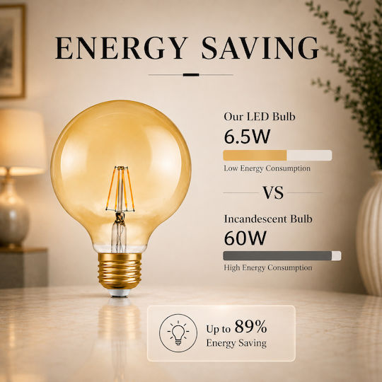 Lightplanet Bec LED 6.5W Pentru Bază De Bec E27 și Formă G125 Alb Cald