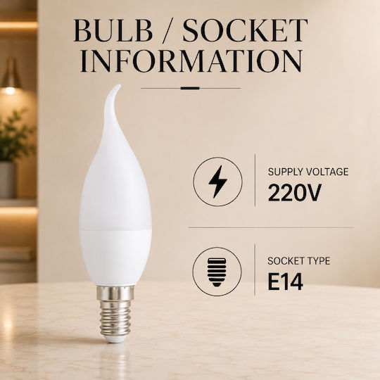 Lightplanet Bec LED 6W Pentru Bază De Bec E14 și Formă BT37 Alb Rece E146W6500KBT37MatFlacără