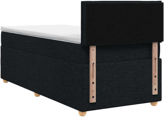 Pat Single Tapițat cu Material Negru cu Plăci și Saltea 90x190cm