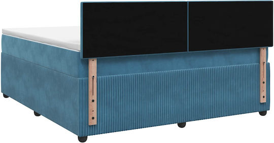 Легло King Size Облечено в Тъмно Синьо Кадифе с Дъски и Матрак 180x200см