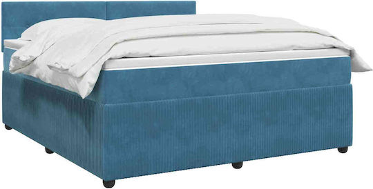 Легло King Size Облечено в Тъмно Синьо Кадифе с Дъски и Матрак 180x200см
