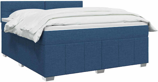 Double Bed Upholstered with Fabric Blue with Slats and Mattress 160x200cm