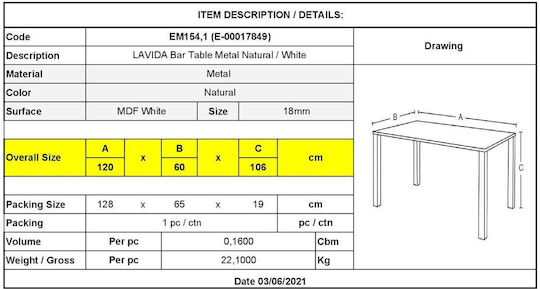 Lavida Masă Bar Din Lemn Cu Ramă Metalică Naturală 120x60x106cm