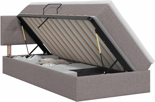 Pat Montat Pe Perete Single Tapițat Cu Material Taupe Cu Plăci Și Saltea 90x200cm