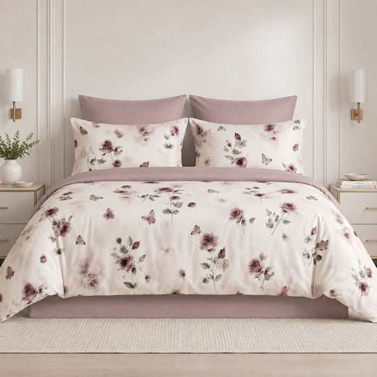 Pucioasa Set Huse Pentru Pilote 200x220cm Dublu Cu 2 Fețe De Pernă & 1 Cearșaf Roses And Butterflies