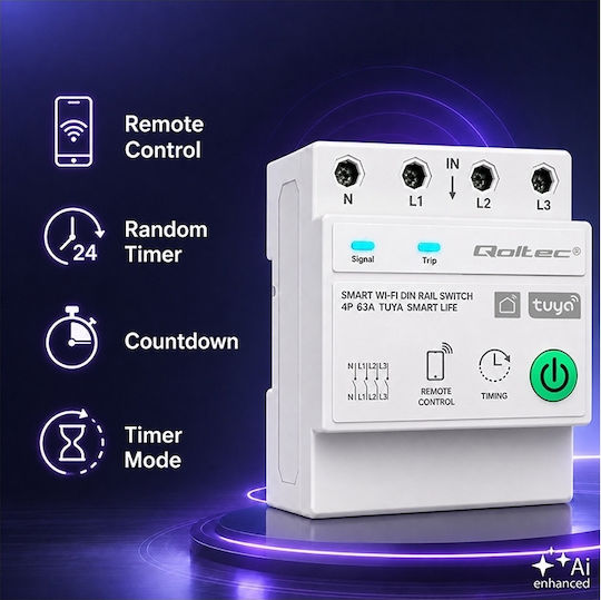 Qoltec 63 A Dreiphasen-Relais DIN-Schiene 3p+n Timer Wi-Fi Tuya Smart Life Amazon Alexa 4p