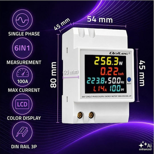 Qoltec 6-in-1 Einphasiges Digital Energieverbrauchs-Messgerät Din-Schiene Montage 230 V 100 A LCD Ct 3p