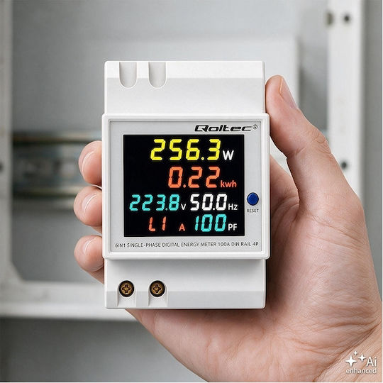Qoltec 6-in-1 Einphasiges Digital Energieverbrauchs-Messgerät Din-Schiene Montage 230 V 100 A LCD Ct 3p