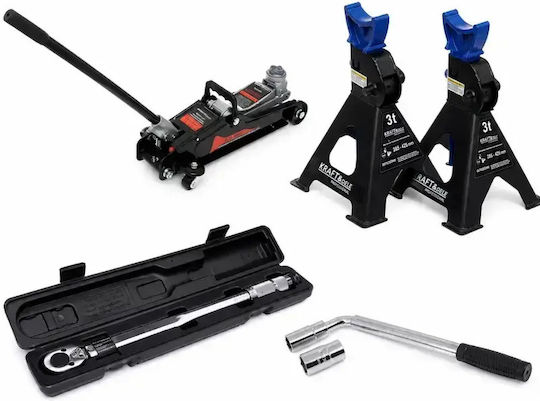 Kit de schimbare a roților Kraft&dele Cric hidraulic 2,5 t + 2 suporturi 3 t + cheie dinamometrică 28-210 Nm 1/2 + cheie telescopică