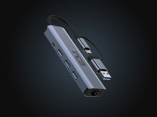 Inca Hub 5 Θυρών με σύνδεση USB-A / USB-C / Ethernet Γκρι