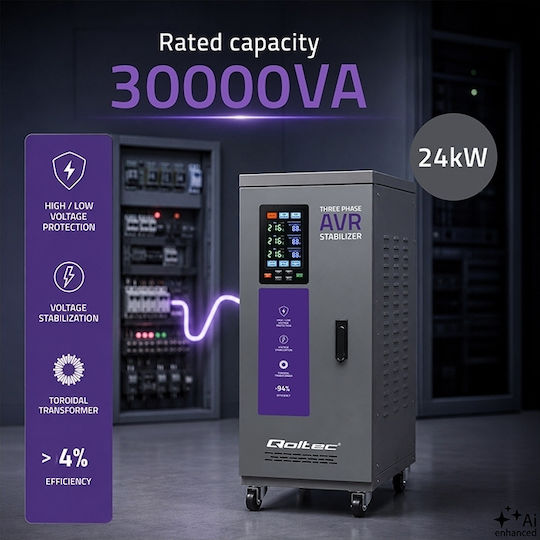 Трифазен Регулатор на Напрежение Qoltec Avr Multiprotection 30 Kva Точност ± 3% Трифазен Серво Мотор Lcd Екран